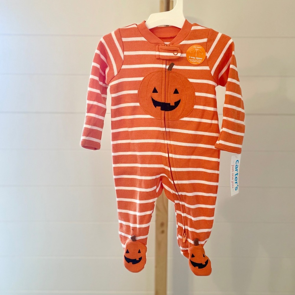 Carters Orange White‎ Stripe Pumpkin Footie Pajamas Baby 3m Halloween